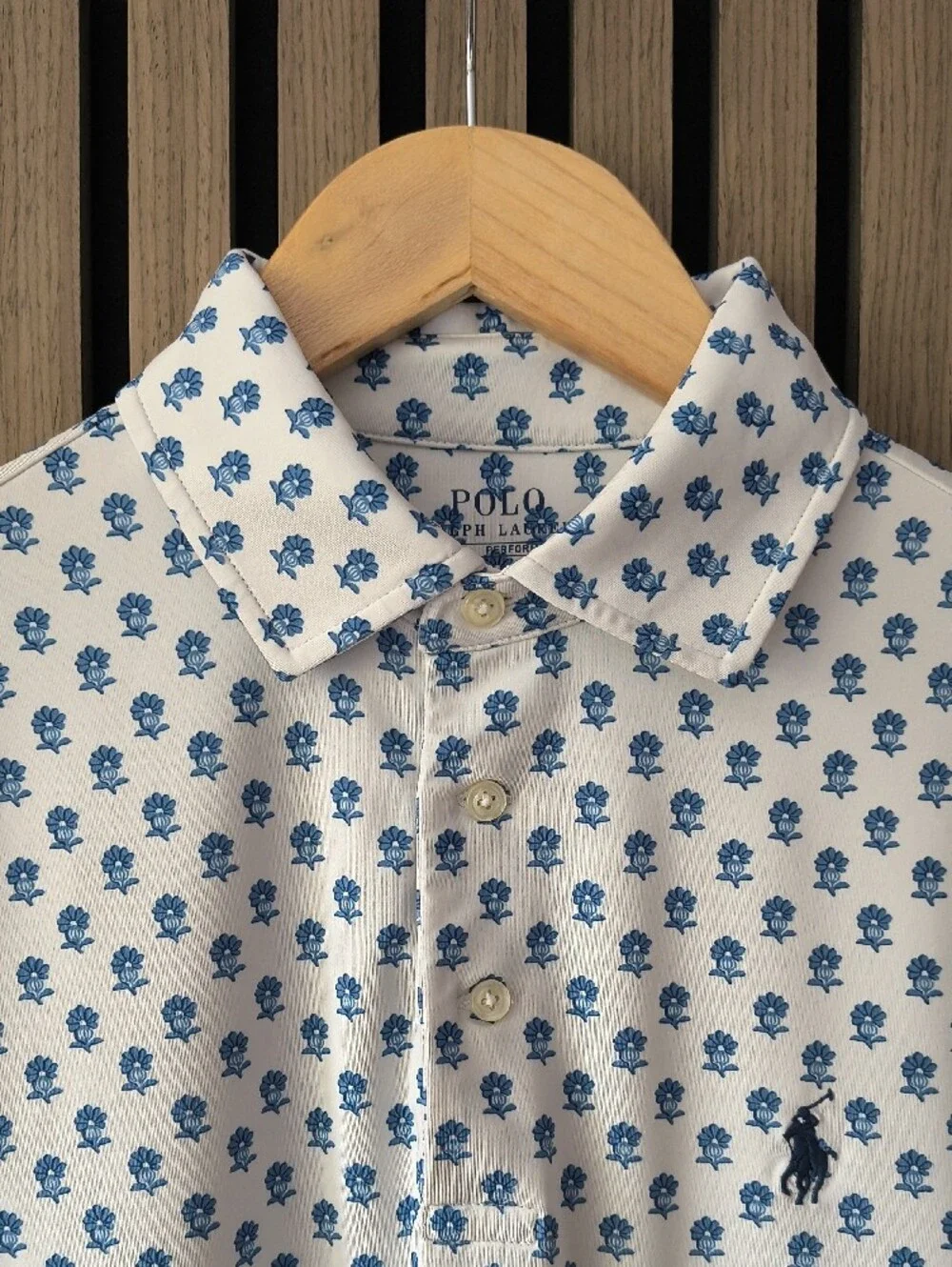 Ralph Lauren White Polo with Blue Micro Floral Pattern